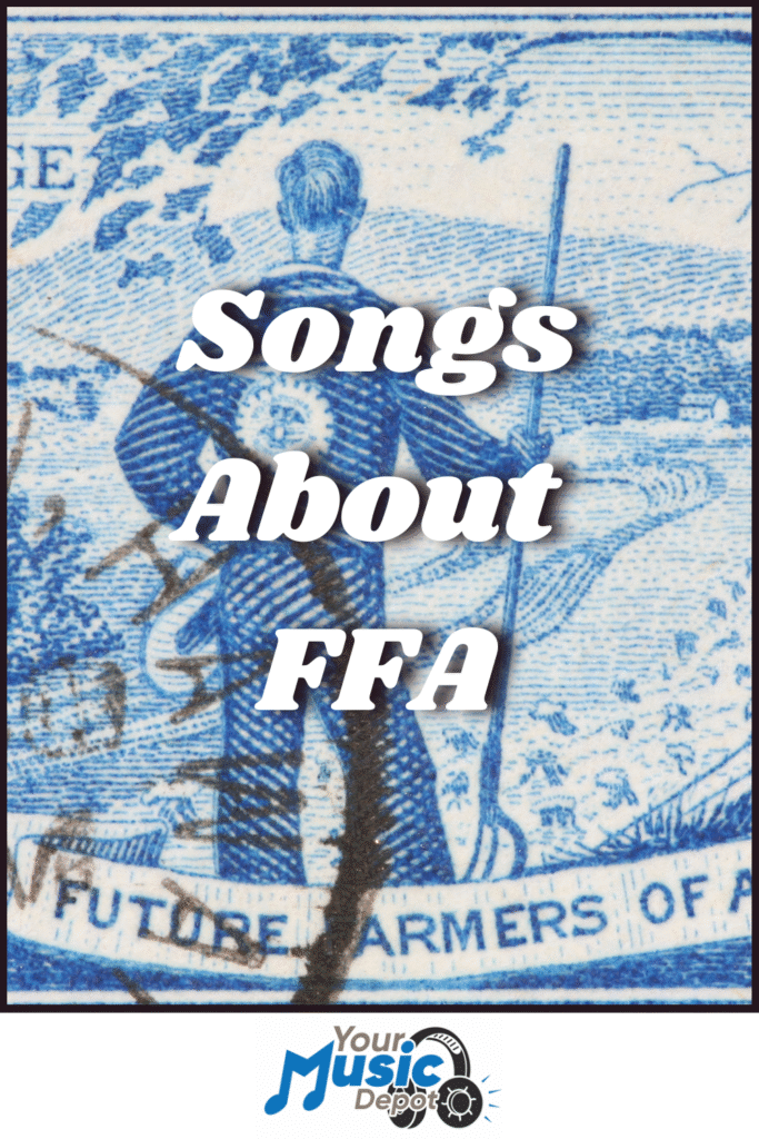 A blue-toned illustration of a person with a staff, overlaid with "Songs About FFA" in bold text and the "Your Music Depot" logo at the bottom.