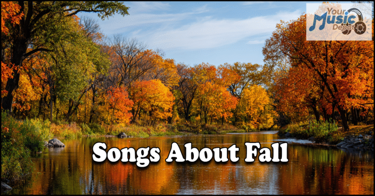 A calm river bordered by trees with vibrant autumn foliage under a clear blue sky, featuring the text "Songs About Fall" and a "Your Music Depot" logo in the corner. Perfect for capturing the essence of Songs About Fall.