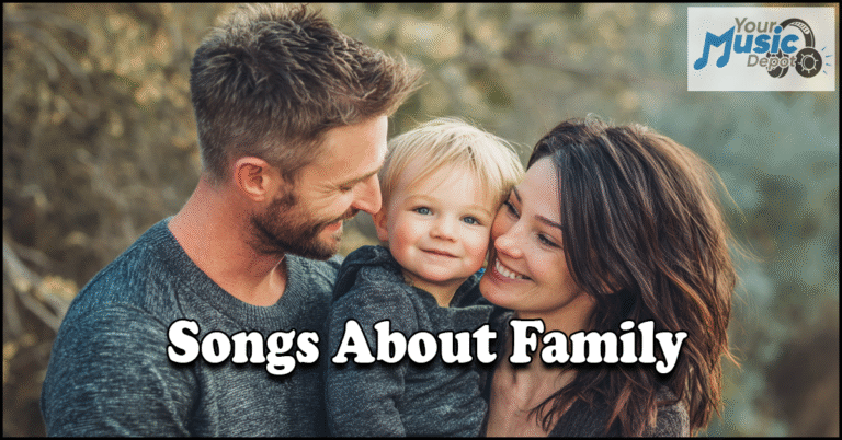 A smiling man and woman hold a young child outdoors. The text reads "Songs About Family", highlighting heartfelt songs about family, with a "Your Music Depot" logo in the top right corner.