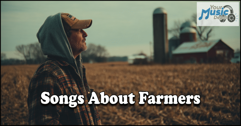 Songs About Farmers and the Music They have Inspired A man in a plaid jacket and cap stands in a field near farm silos, with the "Songs About Farmers" text and a "Your Music Depot" logo capturing the spirit of hardworking farmers.