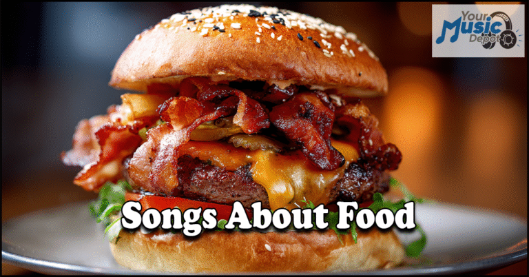 A cheeseburger with bacon and vegetables sits on a plate, alongside the text "Songs About Food" and the "Your Music Depot" logo in the upper right corner, creating a mouthwatering visual for food-inspired tunes.