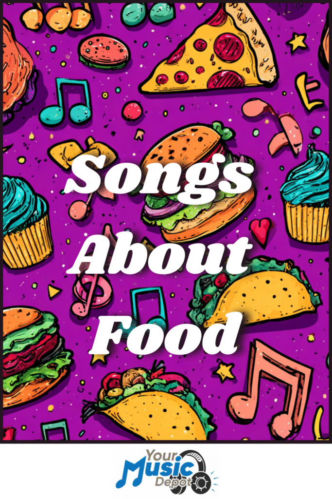 A purple background with food and notes, evoking the playful vibe of songs about food.