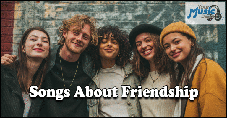 Five young adults stand close together smiling, with "Songs About Friendship" text overlay, capturing the spirit of lasting connections. The "Your Music Depot" logo appears in the top right corner.