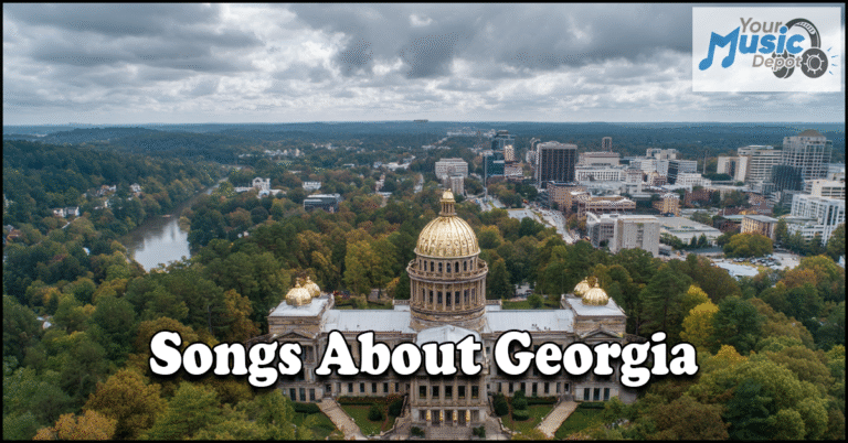 Aerial view of the Georgia State Capitol surrounded by trees and city buildings, featuring the text "Songs About Georgia" to highlight iconic tunes, with a "Your Music Depot" logo in the upper right corner.