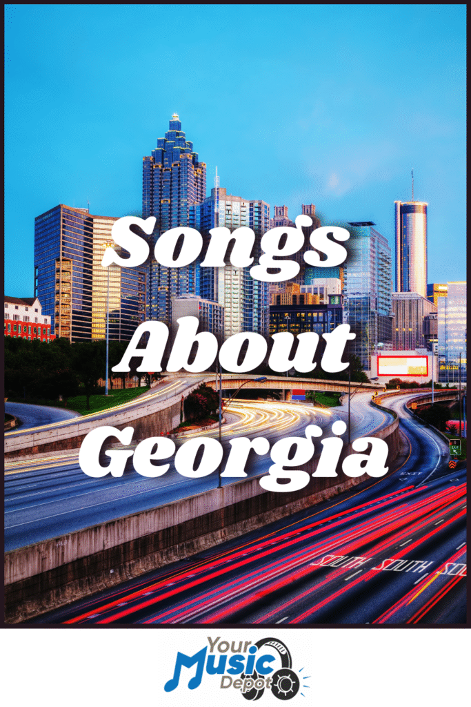 Best Songs About Georgia | Southern Musical Tributes City skyline with tall buildings at dusk, text overlay reads "Songs About Georgia," highlighting Georgia music, with a music-themed logo at the bottom.