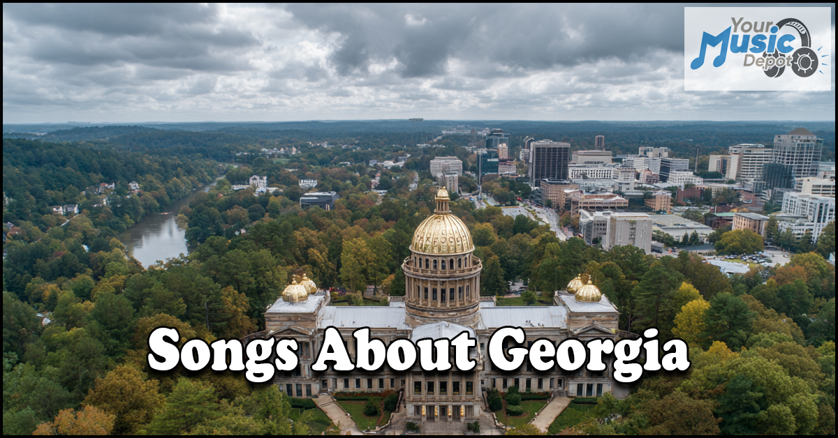Best Songs About Georgia | Southern Musical Tributes Aerial view of the Georgia State Capitol surrounded by trees and city buildings, featuring the text "Songs About Georgia" to highlight iconic tunes, with a "Your Music Depot" logo in the upper right corner.