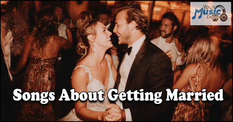 A bride and groom smile and dance closely at their wedding reception, surrounded by guests, celebrating to their favorite songs about getting married.