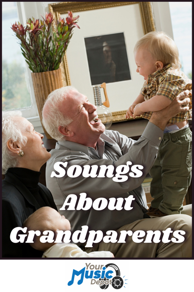 An elderly couple joyfully embraces a baby in a sunlit room. The text, "Songs About Grandparents," graces the scene alongside a logo at the bottom.