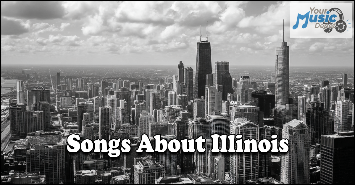 Top Songs About Illinois | Your Guide to Prairie State Music Black and white aerial view of downtown Chicago skyline with text overlay reading "Songs About Illinois," celebrating Illinois songwriters, and a logo in the top right corner.