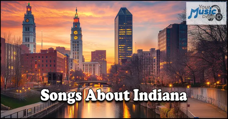 Top Songs About Indiana That Shaped Hoosier Culture A cityscape at sunset with a canal in the foreground, tall buildings in the background, and the text "Songs About Indiana" overlaid, celebrating Indiana songwriters.