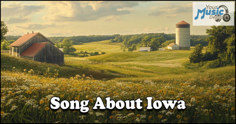 A rural landscape with a barn, silo, and flower field under a cloudy sky captures the serene essence of Iowa. Text reads "Songs About Iowa" with a music store logo in the top right corner, celebrating the heartfelt Iowa lyrics that resonate through this picturesque scene.