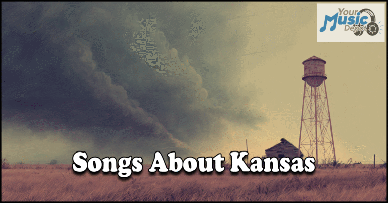 Songs About Kansas A water tower and small building stand in a flat field under a cloudy sky, with “Songs About Kansas” and a music logo overlay, evoking the spirit of Kansas through music.