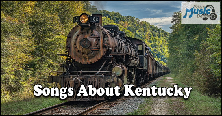 A vintage steam train chugs along a forested track, enveloping the scene in nostalgia. Text overlay reads "Songs About Kentucky" with a music store logo in the corner, celebrating bluegrass music that echoes through Kentucky's heartlands.