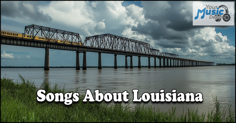 Railroad bridge over a wide river under a cloudy sky, with the text "Songs About Louisiana" in bold letters, echoing the rich tapestry of Louisiana culture and vibrant Zydeco music.