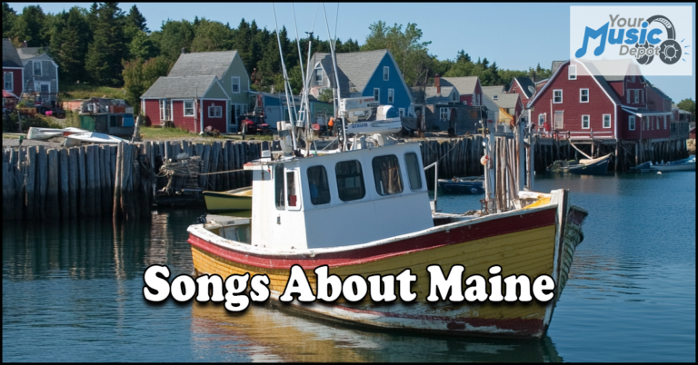 A fishing boat rests in a harbor, colorful houses framed against the sky. The scene is adorned with a music-themed logo, captioned "Songs About Maine," echoing the timeless charm of Northeast folk songs.