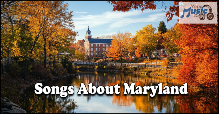 Autumn scene by a river with colorful trees and a historic building in Maryland. Text reads "Songs About Maryland," celebrating the Old Line State's songs and showcasing iconic Maryland music.