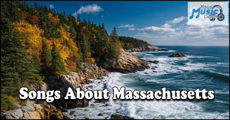Songs About Massachusetts Rocky coastline with waves and a forest of colorful autumn trees under a blue sky, overlaid with the text "Songs About Massachusetts," highlighting Massachusetts music, and a "Your Music Depot" logo.