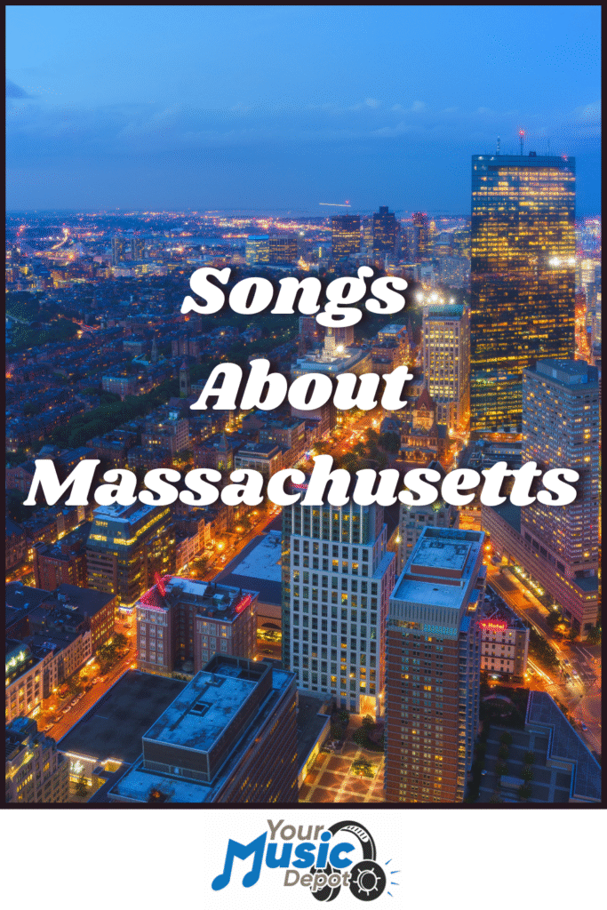 Best Songs About Massachusetts That Capture Local Pride Aerial view of downtown Boston at dusk with "Songs About Massachusetts" in bold white text, celebrating pop music Massachusetts and featuring a Your Music Depot logo at the bottom.