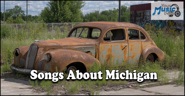 A rusty old car sits amidst overgrown grass, with "Songs About Michigan" tastefully superimposed. Celebrating Michigan music, the "Your Music Depot" logo nestles in the top right corner.