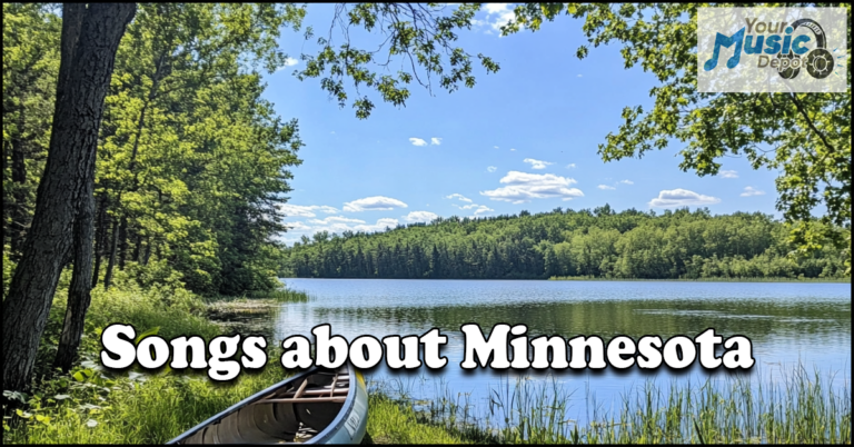 A peaceful lake scene with a canoe on the shore and trees reflecting in the water. Text reads "Songs about Minnesota," spotlighting the rich history of Minnesota artists, with a Twin Cities Music store logo in the corner.