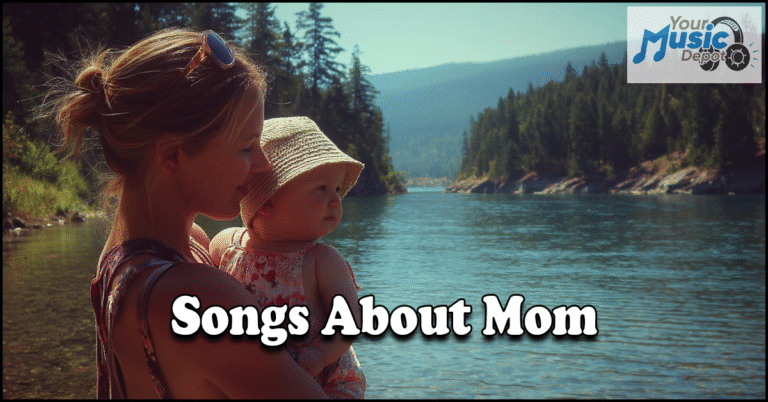 A woman holds a baby by a lake in a peaceful forest, with the text "Songs About Mom" and the "Your Music Depot" logo in the corner.