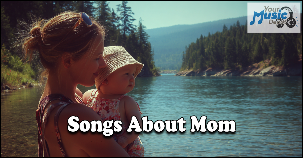 A woman holds a baby by a lake in a peaceful forest, with the text "Songs About Mom" and the "Your Music Depot" logo in the corner.