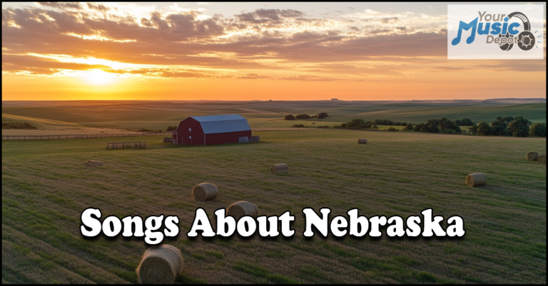 A red barn and hay bales in a field at sunset evoke the rich heritage of Nebraska music, with the text "Songs About Nebraska" and a "Your Music Depot" logo.