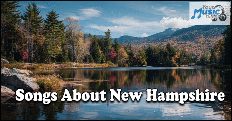 Songs About New Hampshire A calm lake surrounded by autumn trees and mountains, with the text "Songs About New Hampshire" highlighting local New Hampshire artists, and a Your Music Depot logo in the corner.