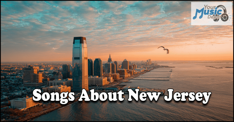 Songs About New Jersey Aerial view of Jersey City skyline at sunset with "Songs About New Jersey" in bold text, celebrating Garden State anthems, and a "Your Music Depot" logo in the corner.