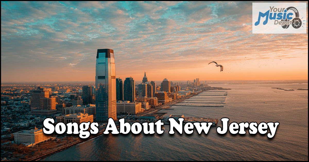 Top Songs About New Jersey That Capture State Pride Aerial view of Jersey City skyline at sunset with "Songs About New Jersey" in bold text, celebrating Garden State anthems, and a "Your Music Depot" logo in the corner.