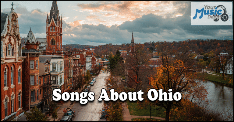 A tree-lined street in a small Ohio town with historic buildings, a church steeple, and a river under a cloudy sky. Text reads “Songs About Ohio”—celebrating Ohio artists and music—with the “Your Music Depot” logo present.