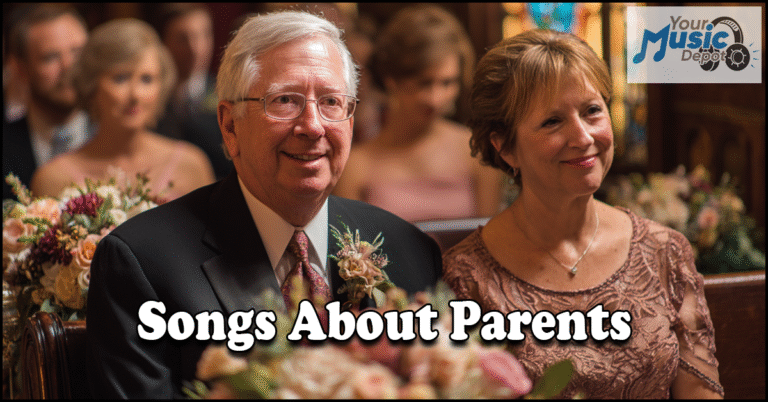 An older couple sits together and smiles in a decorated venue, highlighted by the "Songs About Parents" text and a Your Music Depot logo featured in the corner.