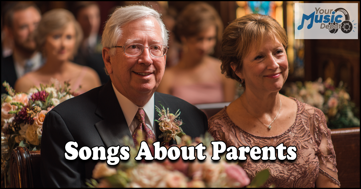 An older couple sits together and smiles in a decorated venue, highlighted by the "Songs About Parents" text and a Your Music Depot logo featured in the corner.
