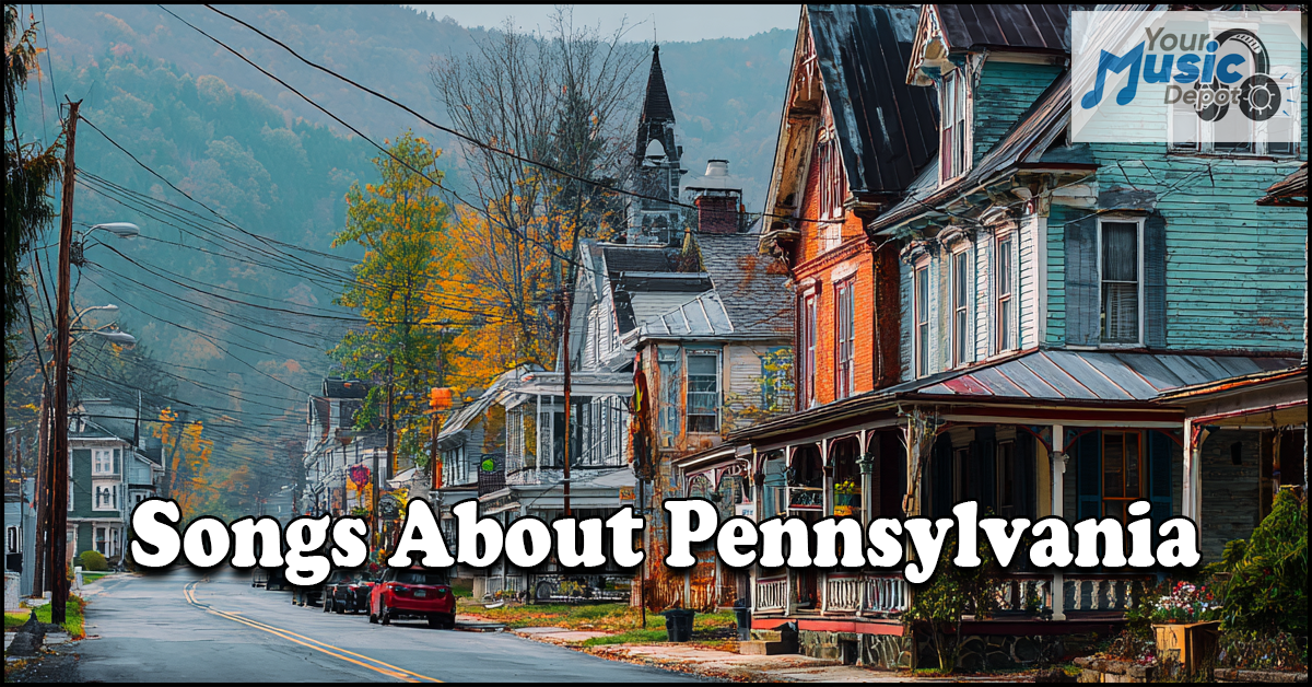 A small town street in Pennsylvania with historic houses, autumn trees, and mountains in the background. Text reads "Songs About Pennsylvania," celebrating classic PA folk songs and timeless Pennsylvania heritage songs.