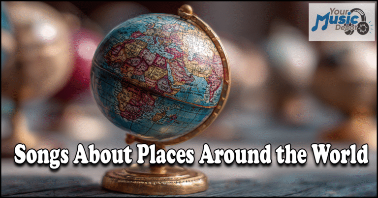 A tabletop globe displays the text “Songs About Places Around the World” with a “Your Music Depot” logo in the corner, highlighting global music destinations.