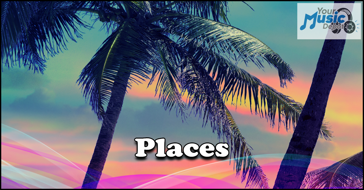 Tropical sunset scene with silhouetted palm trees and colorful sky. The word "Places" is centered, and a "Your Music Depot" logo is in the top right corner.