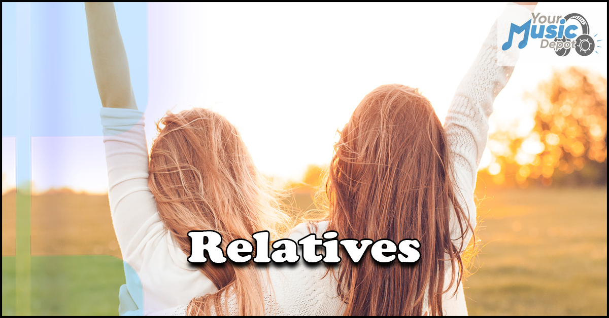 Two people with long hair facing a sunset, arms raised. Text overlay reads "Relatives" with a music logo in the corner.