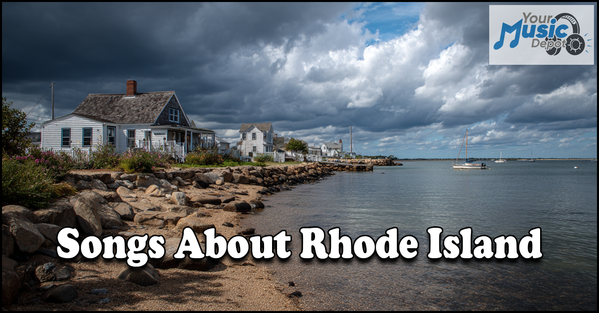 A coastal Rhode Island scene with houses by the water, rocky shoreline, and boats, overlaid with "Songs About Rhode Island"—a tribute to Rhode Island artists and songwriters. Features the Your Music Depot logo.