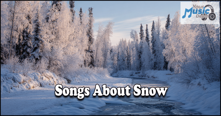 A snowy winter landscape with a frozen river and frosted trees sets the scene; overlaid text reads “Songs About Snow,” highlighting the best songs about snow, with a “Your Music Depot” logo in the top right corner.