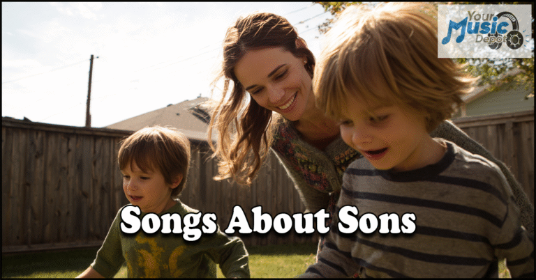A woman and two young boys play outside in a fenced backyard. The text "Songs About Sons" appears alongside the "Your Music Depot" logo, capturing heartwarming moments of family togetherness.