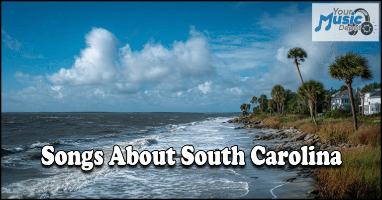 A coastal scene with palm trees and houses by the ocean; text reads "Songs About South Carolina," highlighting Palmetto State songs, with a "Your Music Depot" logo in the corner.