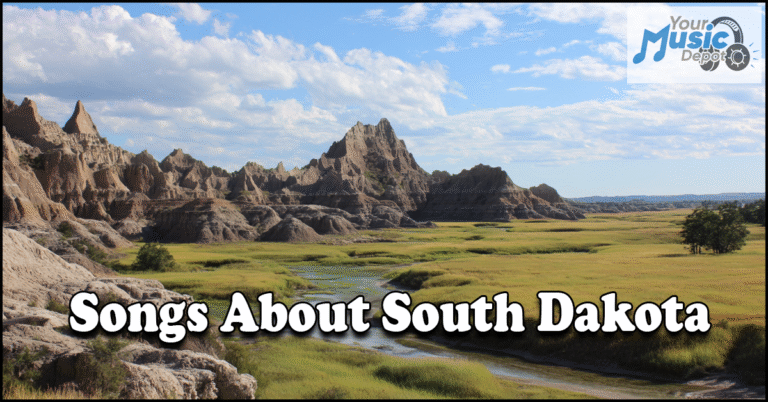 Badlands landscape in South Dakota with grass, rock formations, and a winding stream; text overlay reads "Songs About South Dakota" with a music logo in the corner, celebrating Black Hills music and iconic Mount Rushmore songs.