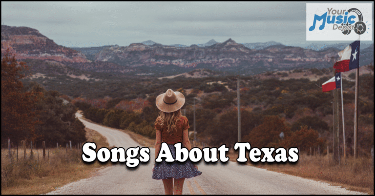 A woman in a hat stands on a rural road facing hills, with Texas flags on the right and text reading "Songs About Texas," evoking the heart of Texas country music.
