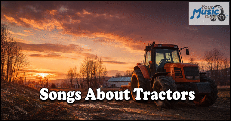 A red tractor sits in a rural field at sunset with the text "Songs About Tractors" highlighting country music favorites and a "Your Music Depot" logo in the top right corner.