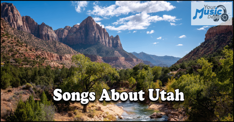 A scenic view of a Utah canyon with mountains, trees, and a river. Overlay text reads "Songs About Utah," celebrating Utah songwriters and their music. A "Your Music Depot" logo appears in the top right corner.
