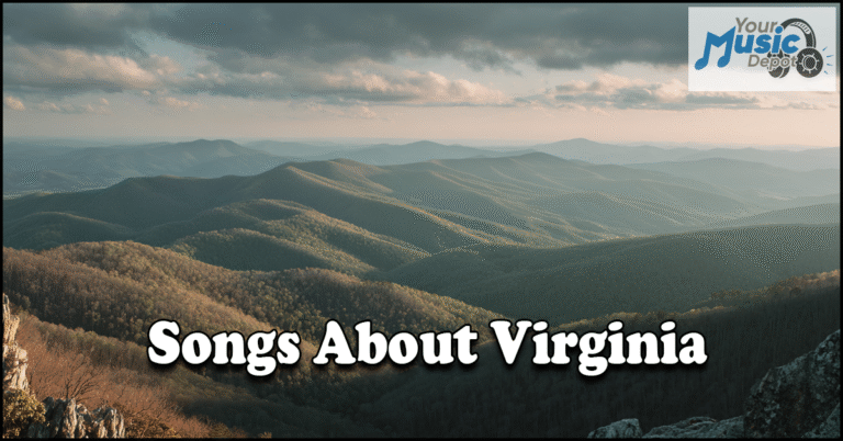Songs About Virginia A scenic mountain landscape with forested hills under a partly cloudy sky, featuring the text "Songs About Virginia" and a "Your Music Depot" logo.