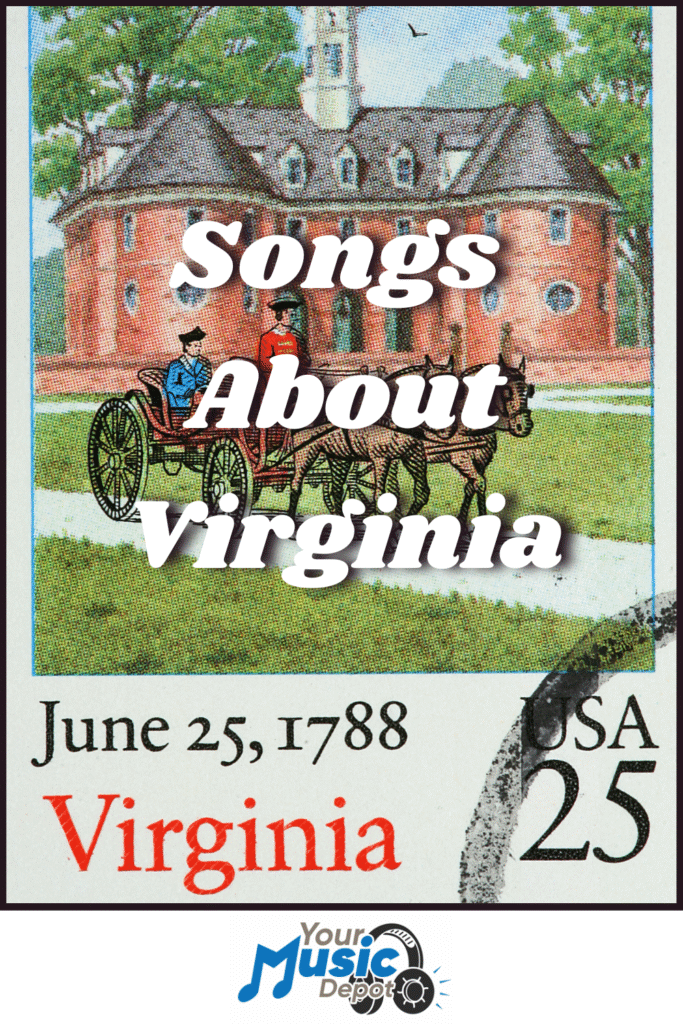 An illustration of a historic building and horse-drawn carriage features the text "Songs About Virginia," commemorating June 25, 1788, when Virginia joined the USA.