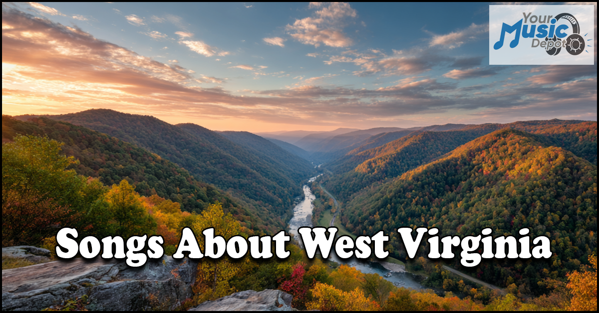 A river winds through a forested valley at sunset, with "Songs About West Virginia" highlighting classic country roads songs and a "Your Music Depot" logo in the top right corner.