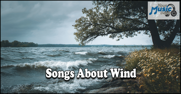 A windy lakeshore scene with waves, overcast sky, and trees sets the mood for songs about wind, overlaid with the text "Songs About Wind" and a "Your Music Depot" logo in the top right corner.