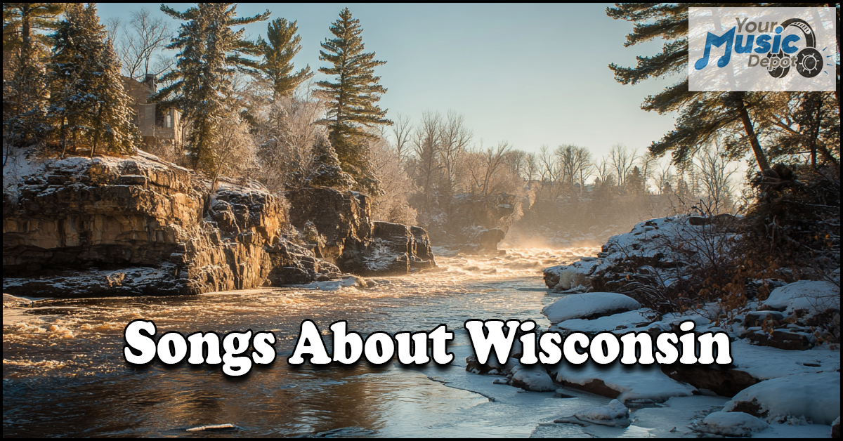 Famous Songs About Wisconsin | A Musical Journey A winter river scene in Wisconsin with snow-covered rocks and trees; text reads "Songs About Wisconsin" to celebrate Wisconsin songwriters, and a "Your Music Depot" logo appears in the top right corner.